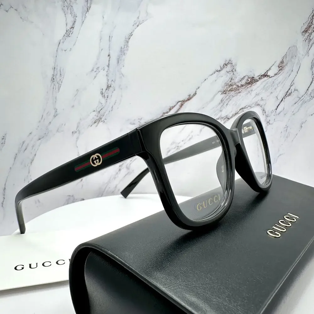 New GUCCI Eyeglasses 53-19-140 Black Square GG Logo Red Green Web Women Rx-able